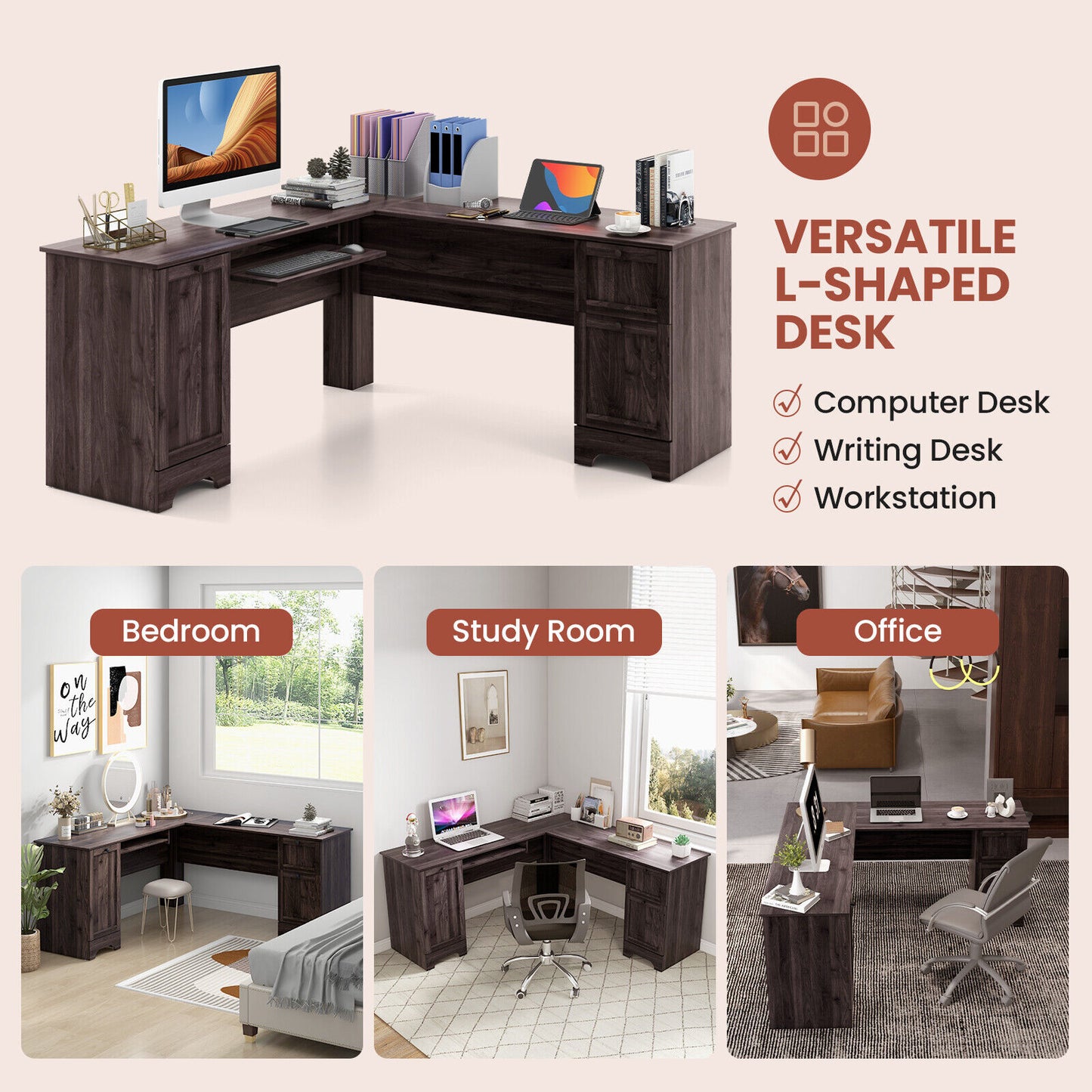 L-Shaped Office Desk With Storage Drawers, Keyboard Tray, Dark Brown L-Shaped Desks at Gallery Canada