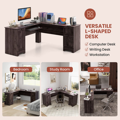 L-Shaped Office Desk with Storage Drawers and Keyboard Tray, Dark Brown at Gallery Canada