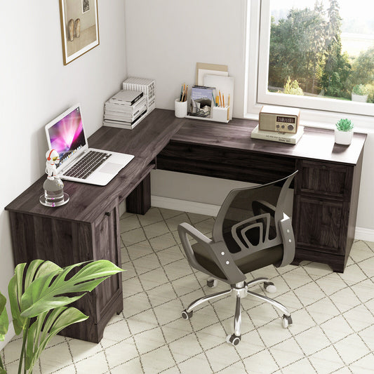 L-Shaped Office Desk With Storage Drawers, Keyboard Tray, Dark Brown L-Shaped Desks Dark Brown at Gallery Canada