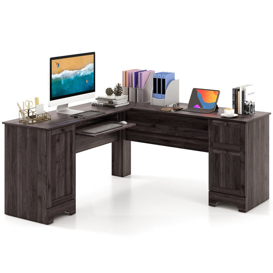 L-Shaped Office Desk with Storage Drawers and Keyboard Tray, Dark Brown
