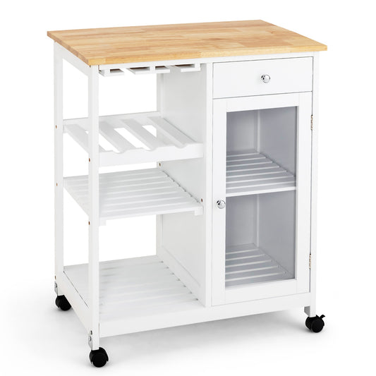 Rolling Kitchen Island Wood Top Trolley Cart Storage Cabinet with Shelf and Wine Rack, White