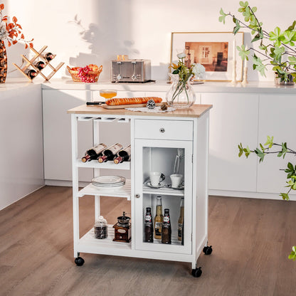 Rolling Kitchen Island Wood Top Trolley Cart Storage Cabinet with Shelf and Wine Rack, White at Gallery Canada