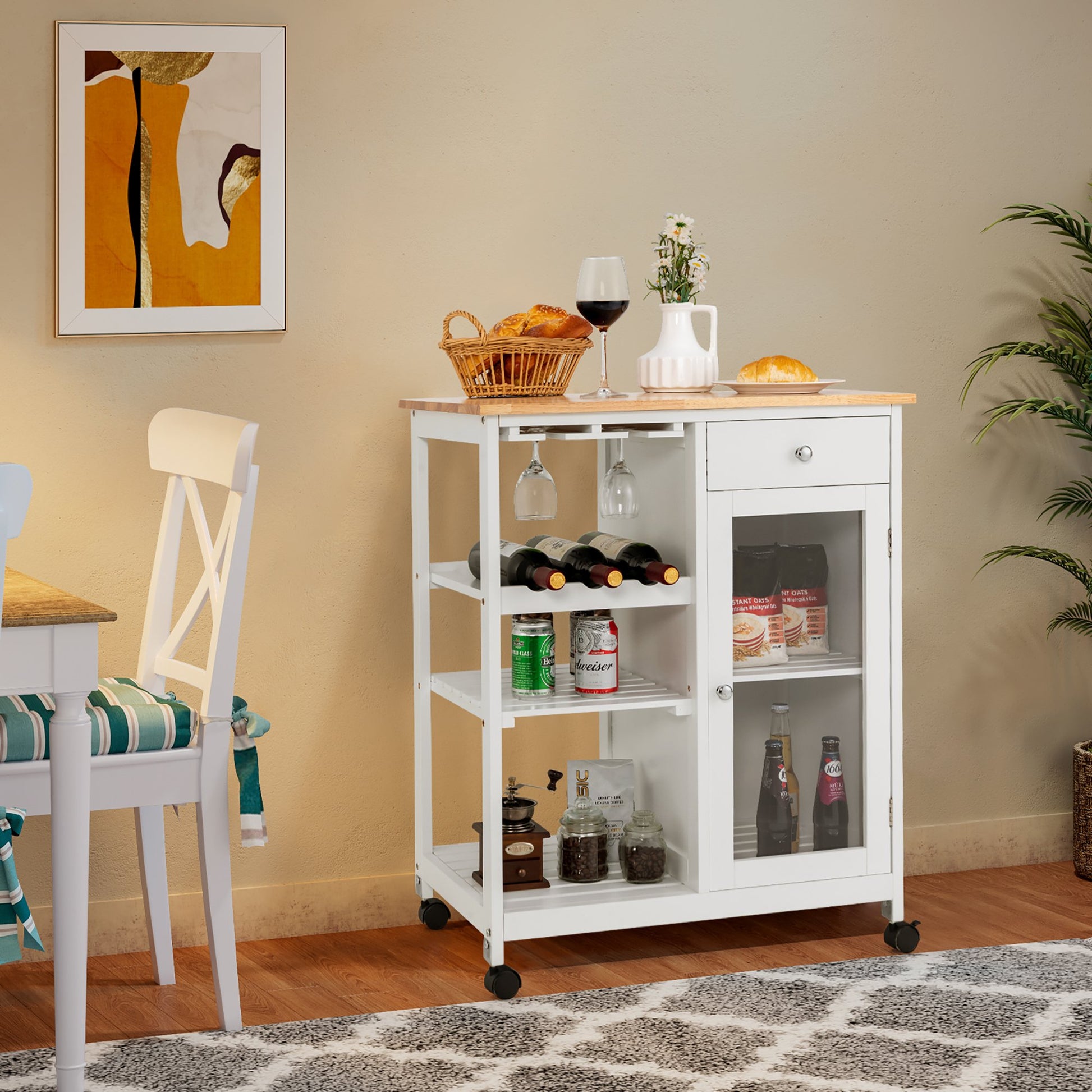 Rolling Kitchen Island Wood Top Trolley Cart Storage Cabinet with Shelf and Wine Rack, White at Gallery Canada