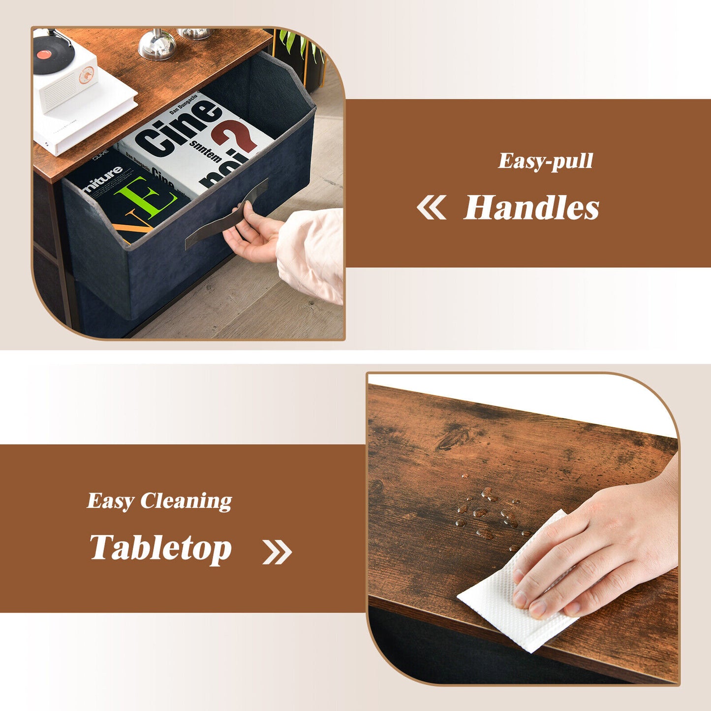 20 Inch Height Industrial Nightstand with 2 Pull-out Fabric Drawers, Rustic Brown Nightstands at Gallery Canada