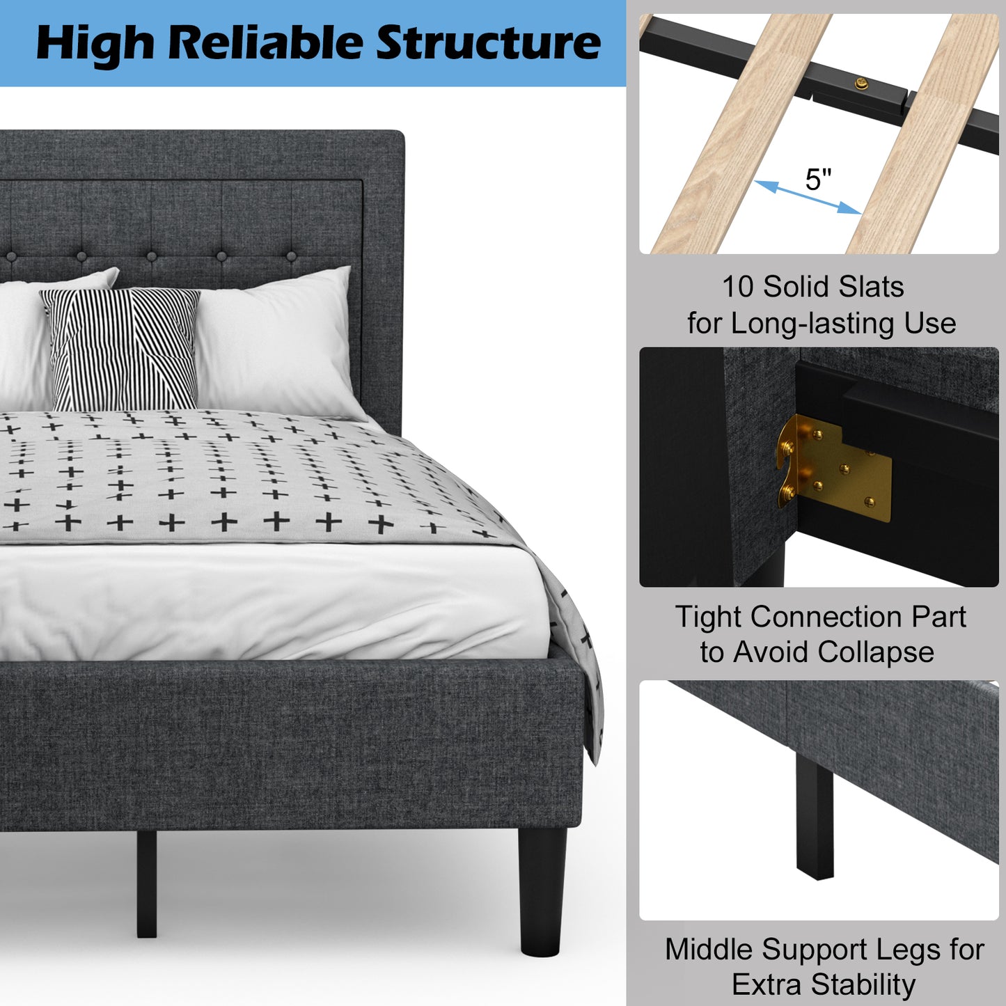 Twin Size Upholstered Bed Frame, Button Tufted Headboard, Black Simple Bed Frame at Gallery Canada