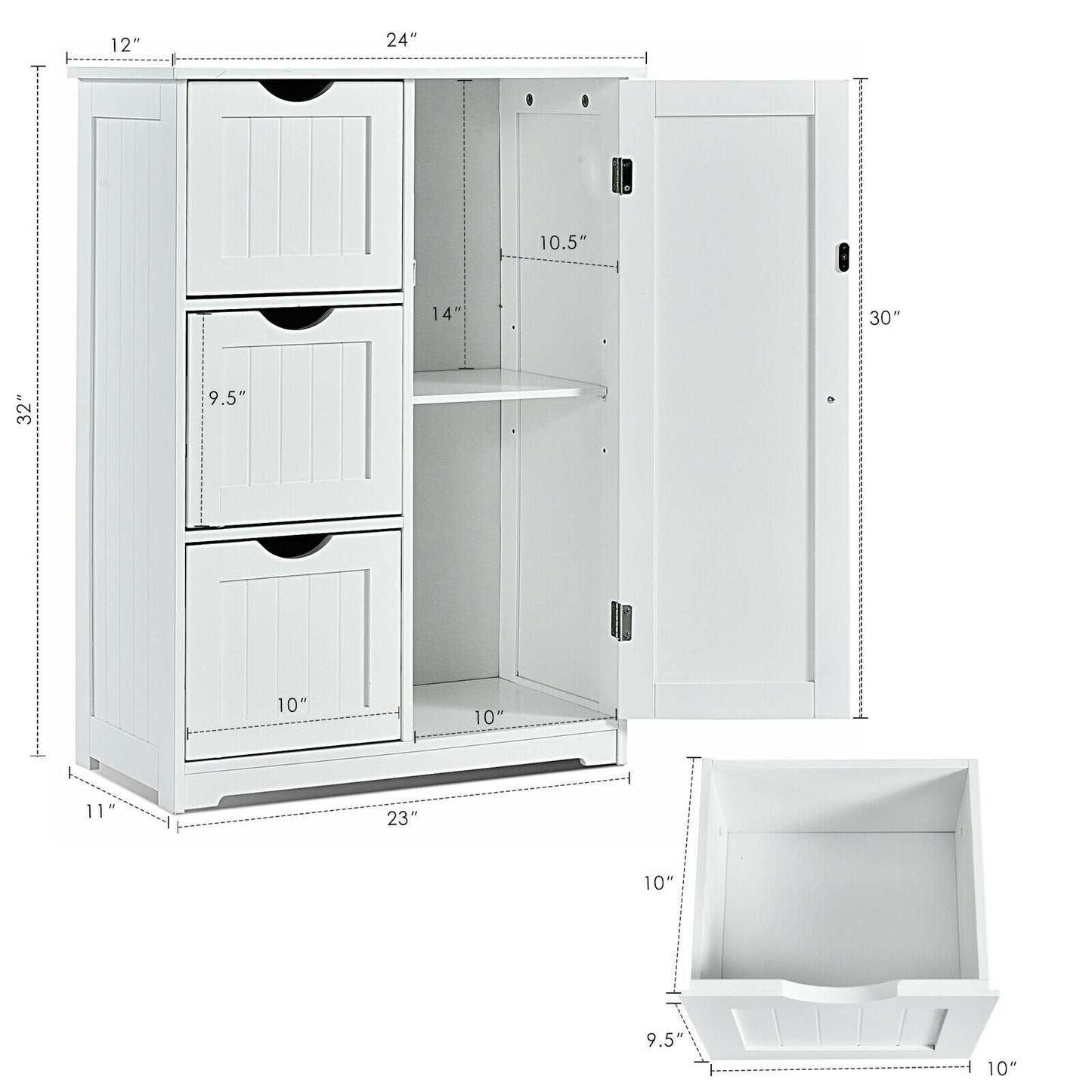 Bathroom Floor Cabinet Side Storage Cabinet with 3 Drawers and 1 Cupboard, White