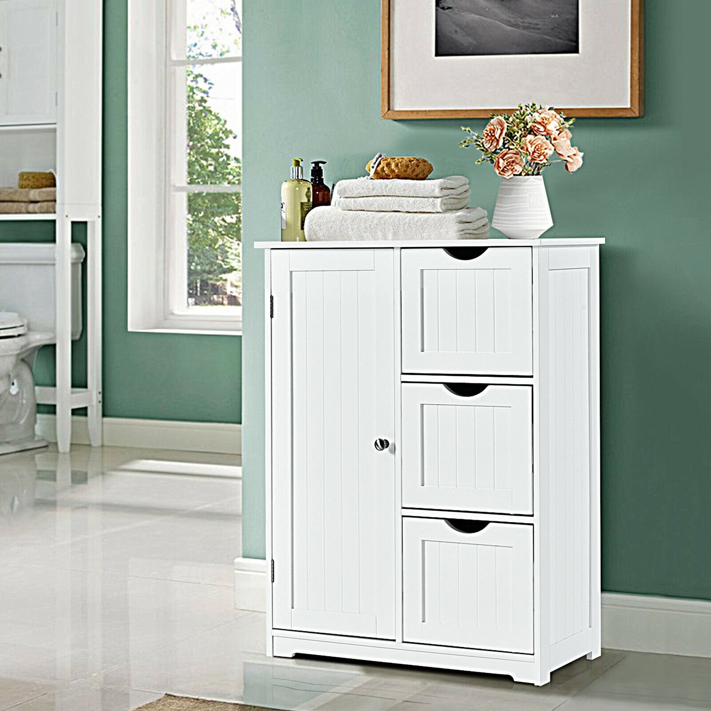 Bathroom Floor Cabinet Side Storage Cabinet with 3 Drawers and 1 Cupboard, White