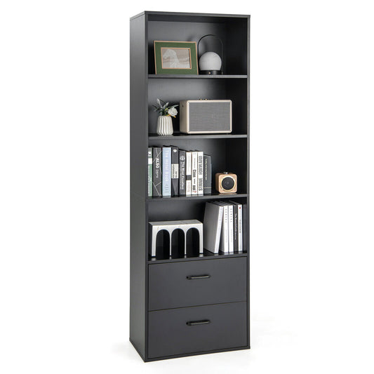 6-Tier Tall Freestanding Bookshelf with 4 Open Shelves and 2 Drawers, Black