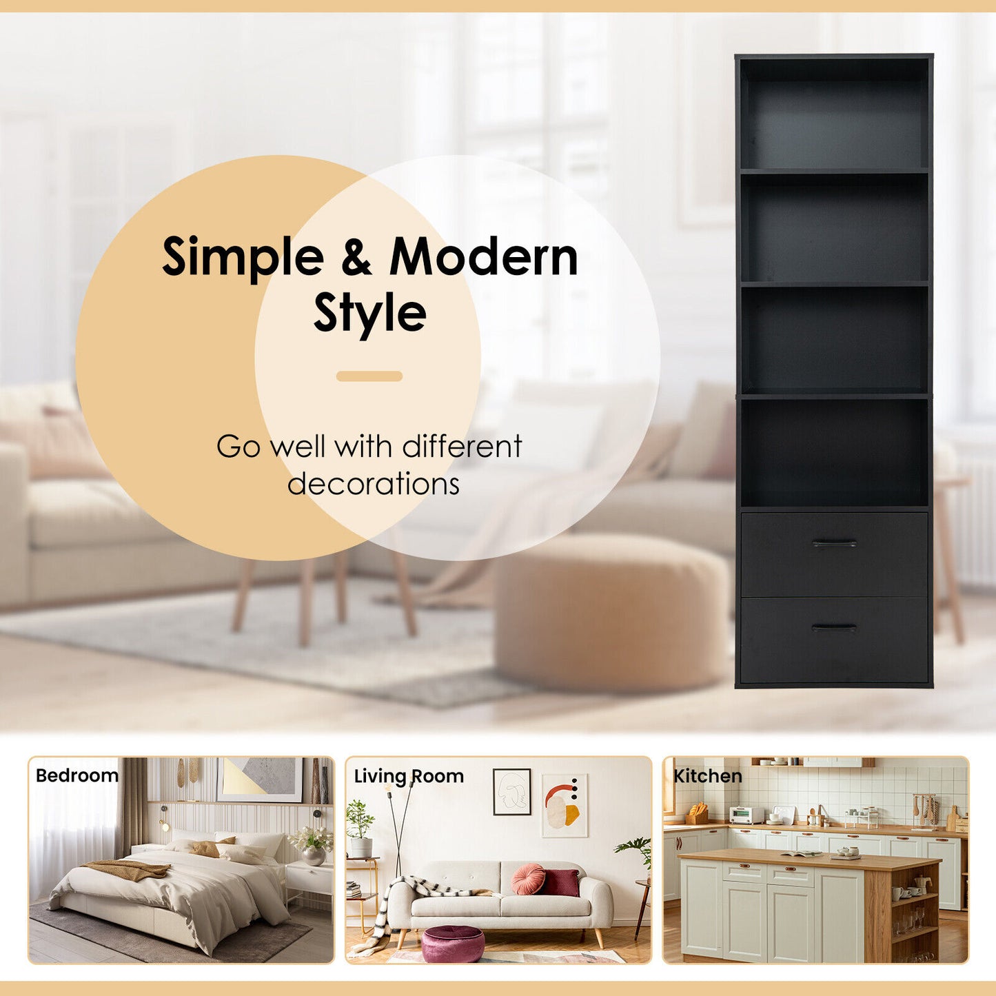 6-Tier Tall Freestanding Bookshelf, 4 Open Shelves, 2 Drawers, Black Bookcases at Gallery Canada
