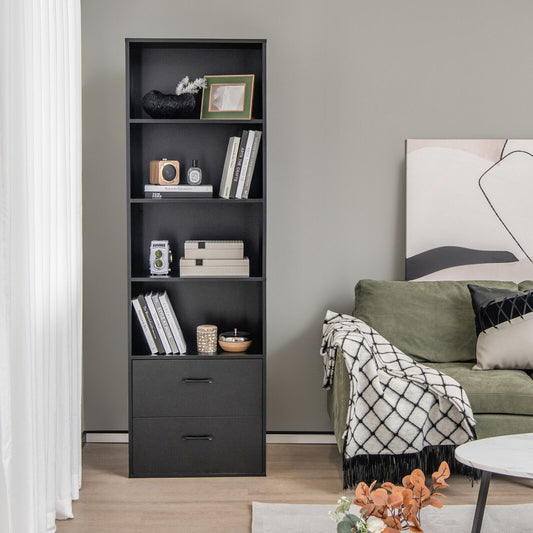 6-Tier Tall Freestanding Bookshelf, 4 Open Shelves, 2 Drawers, Black Bookcases Black at Gallery Canada