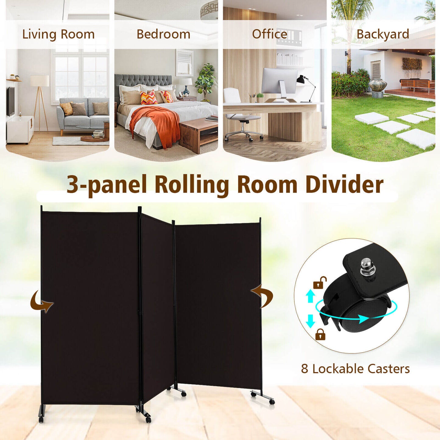 3 Panel Folding Room Divider, Lockable Wheels, Brown Room Dividers at Gallery Canada