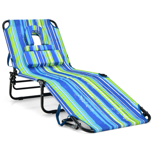 Beach Chaise Lounge Chair with Face Hole and Removable Pillow, Blue & Green