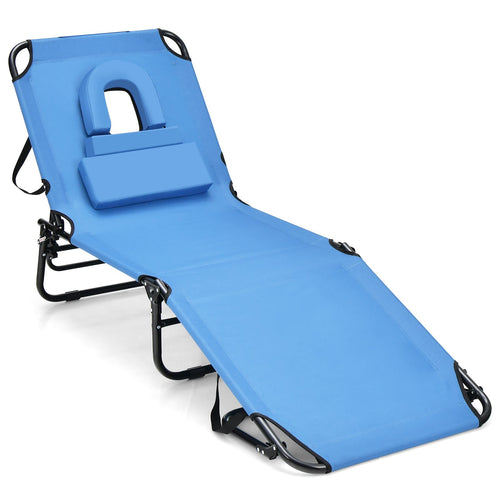 Beach Chaise Lounge Chair with Face Hole and Removable Pillow, Blue