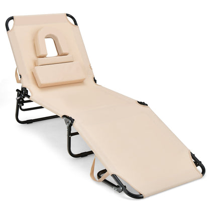 Beach Chaise Lounge Chair with Face Hole and Removable Pillow, Beige at Gallery Canada