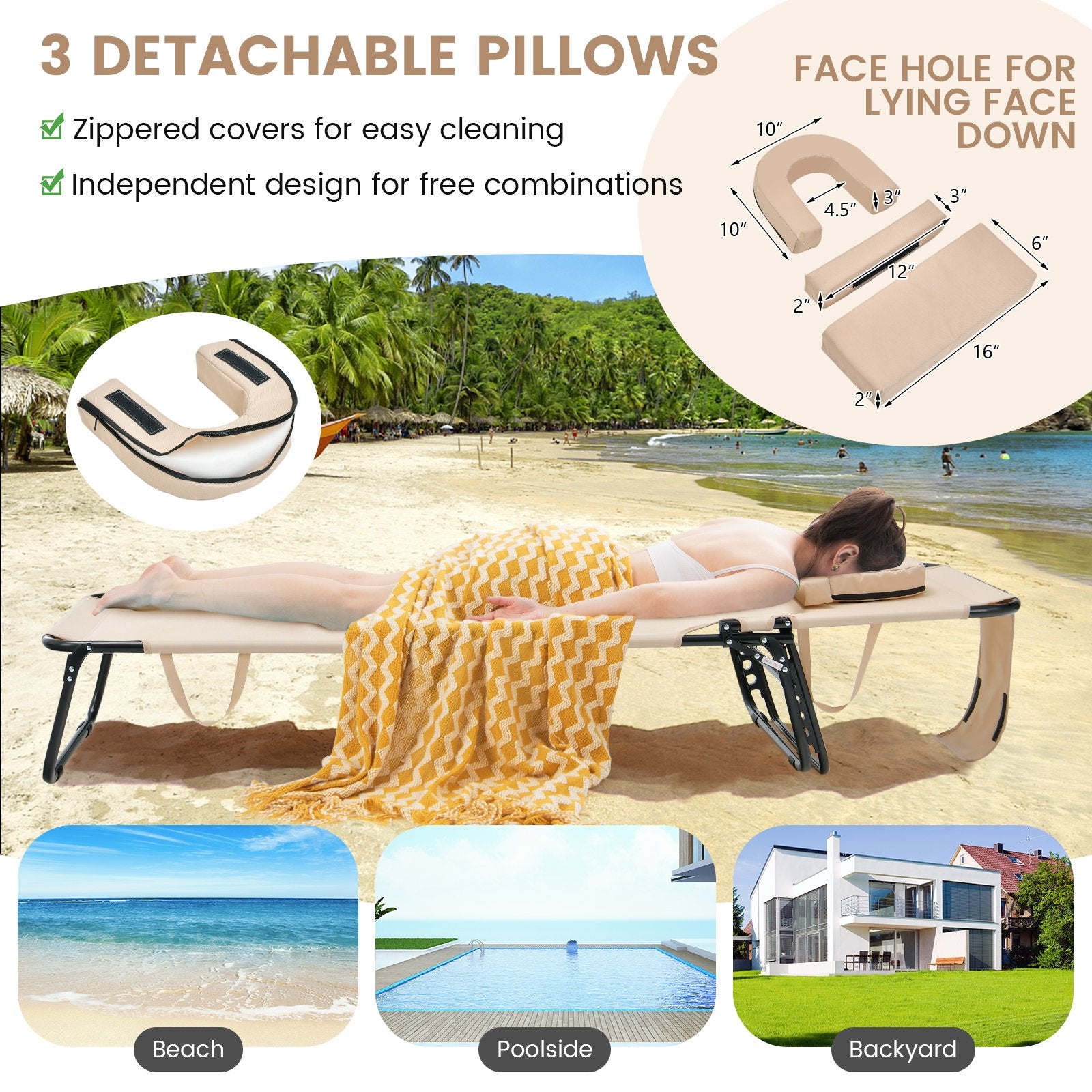 Beach Chaise Lounge Chair with Face Hole and Removable Pillow, Beige at Gallery Canada