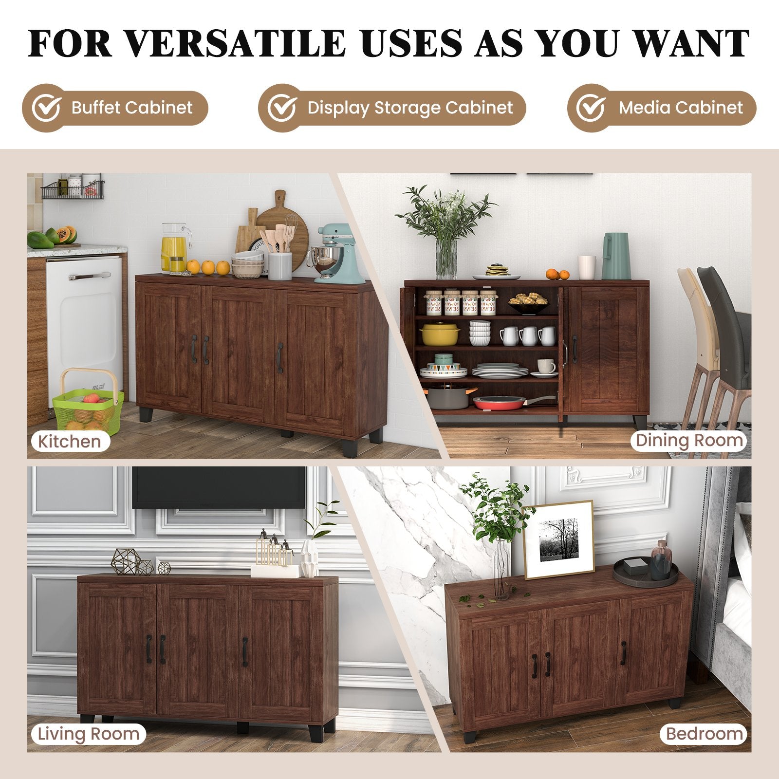 3-Door Buffet Sideboard with Adjustable Shelves and Anti-Tipping Kits, Brown at Gallery Canada