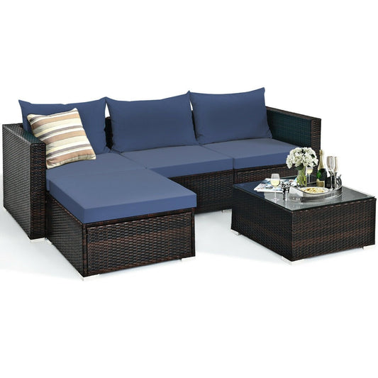 5 Pieces Patio Rattan Sectional Furniture Set with Cushions and Coffee Table , Navy at Gallery Canada