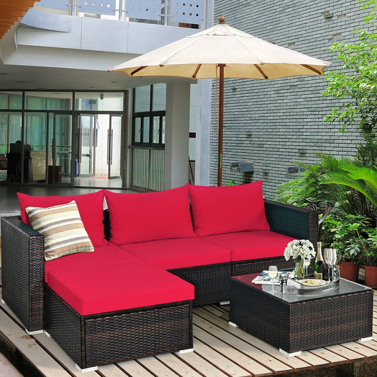 5 Piece Patio Rattan Sectional Set With Cushions, Coffee Table, Red Outdoor Sectionals Red at Gallery Canada