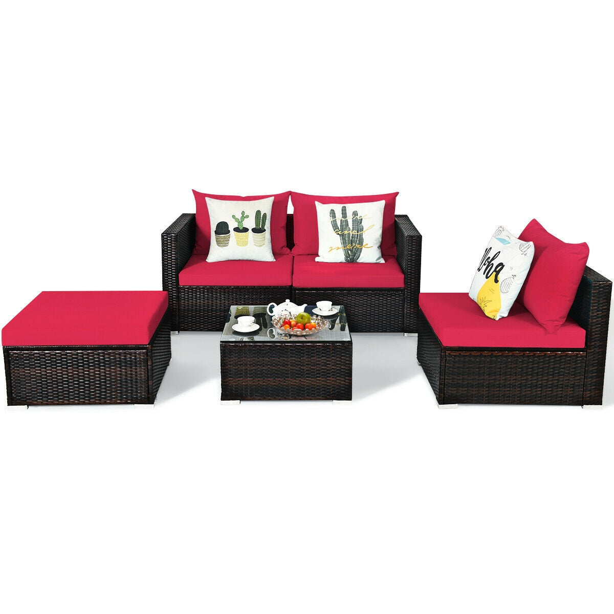 5 Piece Patio Rattan Sectional Set With Cushions, Coffee Table, Red Outdoor Sectionals at Gallery Canada