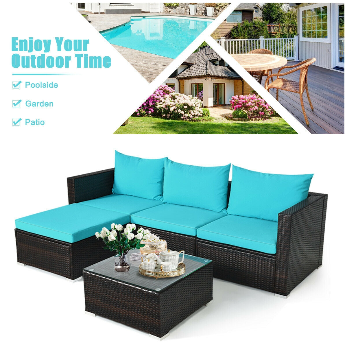 5-Piece Patio Rattan Furniture Set, Coffee Table, Turquoise Outdoor Sectionals at Gallery Canada