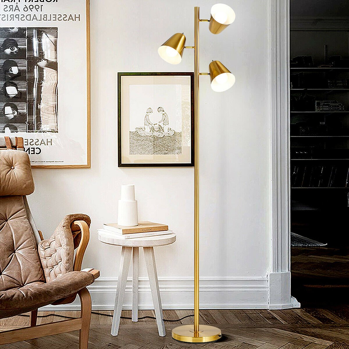 64 Inch 3-Light LED Floor Lamp Reading Light for Living Room Bedroom - Golden, Golden at Gallery Canada