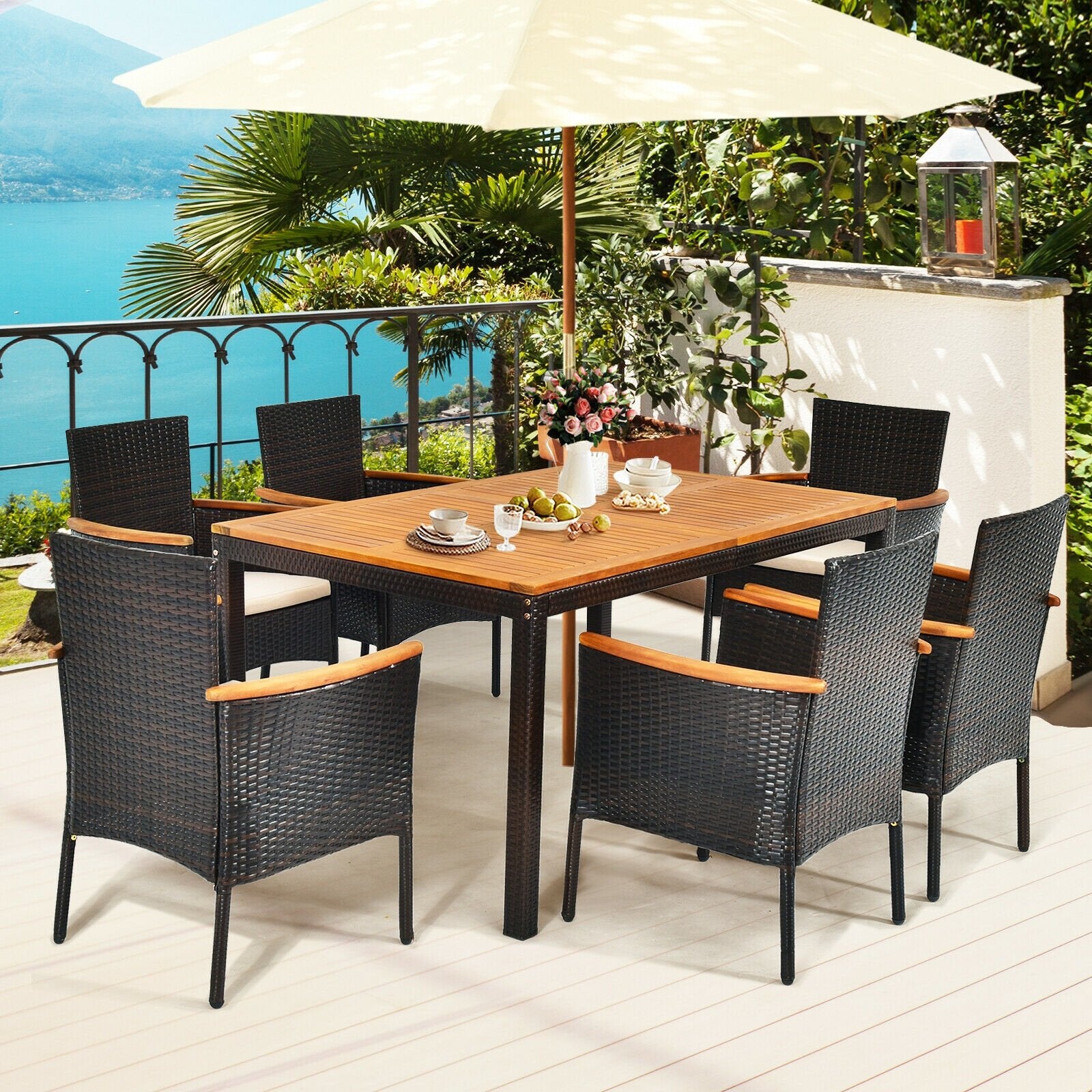7 Pieces Patio Rattan Dining Set with Armrest Cushioned Chair and Umbrella Hole, Brown at Gallery Canada
