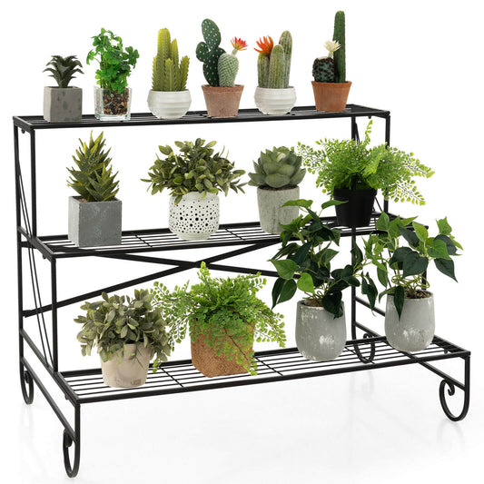 3-Tier Mental Plant Stand with Grid Shelf, Black