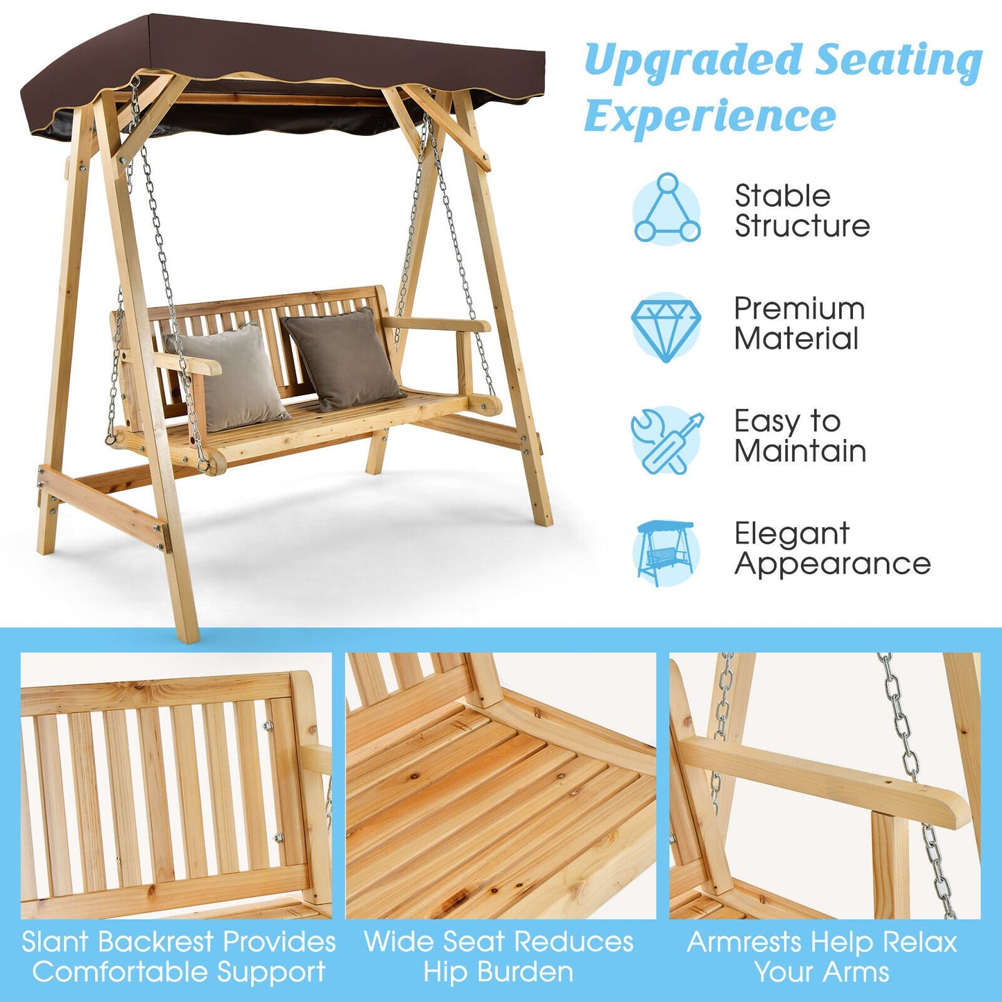 Patio Wooden Swing Bench Chair with Adjustable Canopy for 2 Persons, Natural