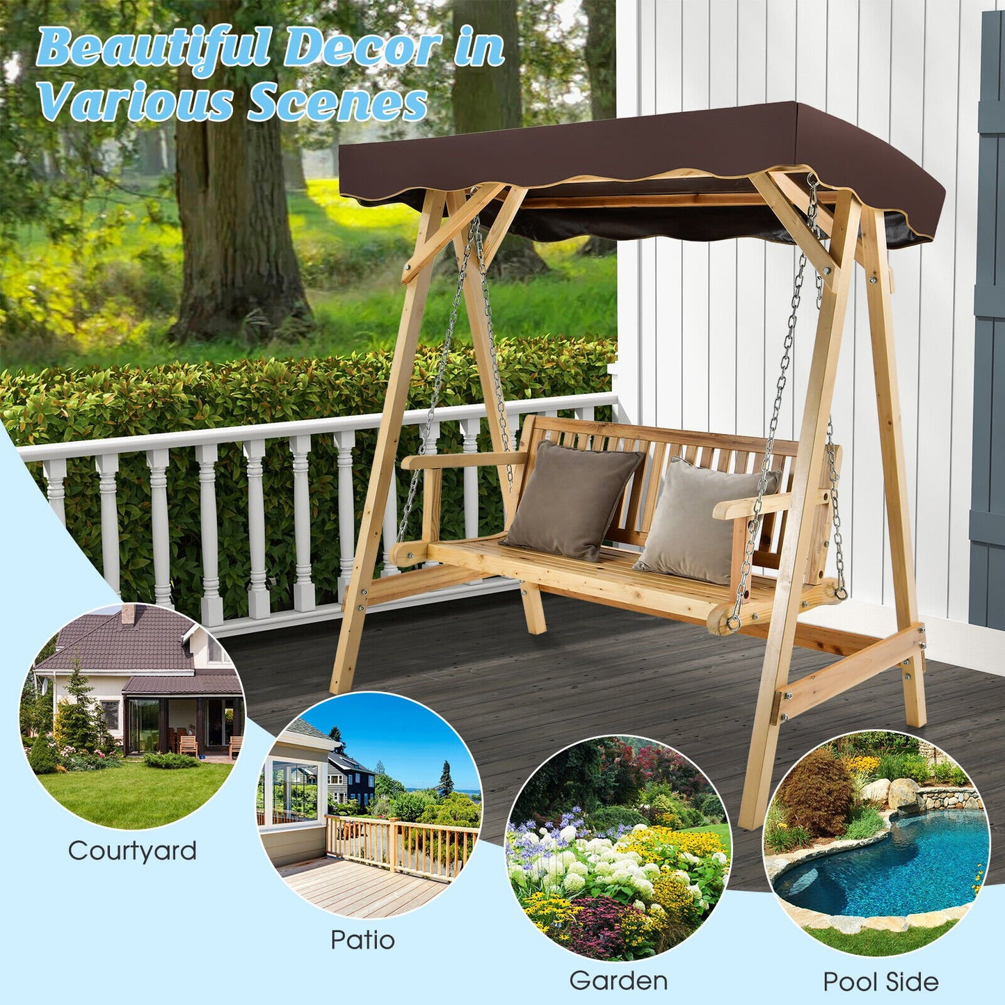 Patio Wooden Swing Bench Chair with Adjustable Canopy for 2 Persons, Natural