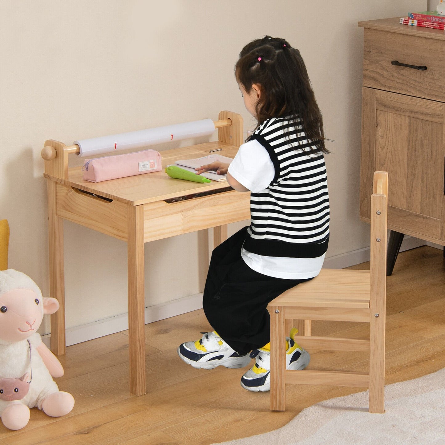 Toddler Multifunctional Activity Table and Chair Set with Paper Roll Holder, Natural