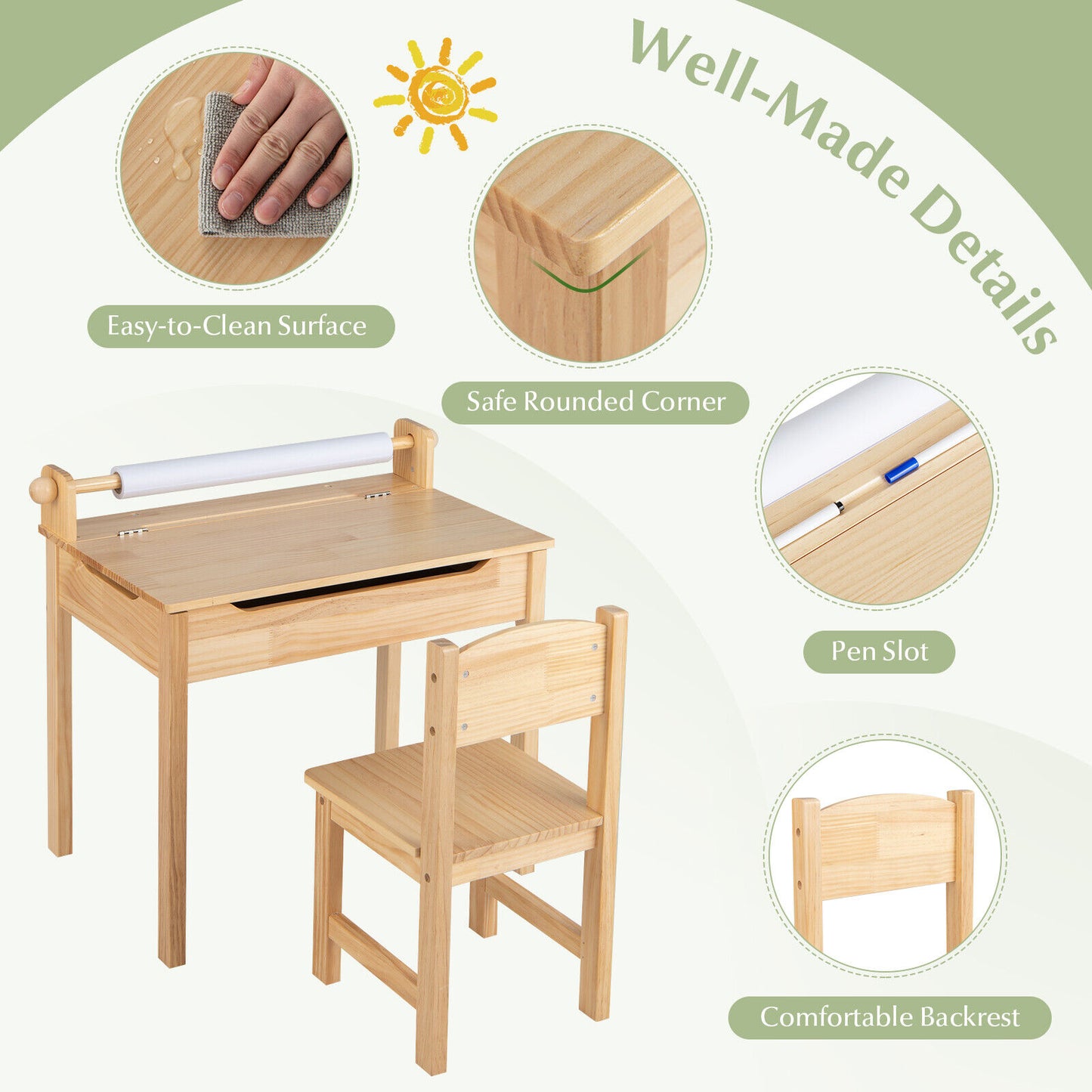 Toddler Multifunctional Activity Table and Chair Set with Paper Roll Holder, Natural Kids Table & Chair Sets at Gallery Canada