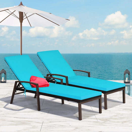 2 Pieces Patio Rattan Adjustable Back Lounge Chair with Armrest and Removable Cushions, Turquoise Outdoor Chaise Lounges Turquoise at Gallery Canada