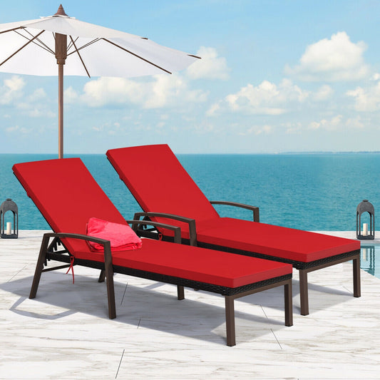 2 Piece Patio Rattan Adjustable Lounge Chair, Red