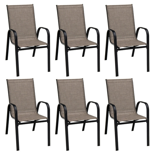 6-Piece Patio Stackable Dining Chairs, Curved Armrests, Breathable Fabric, Brown