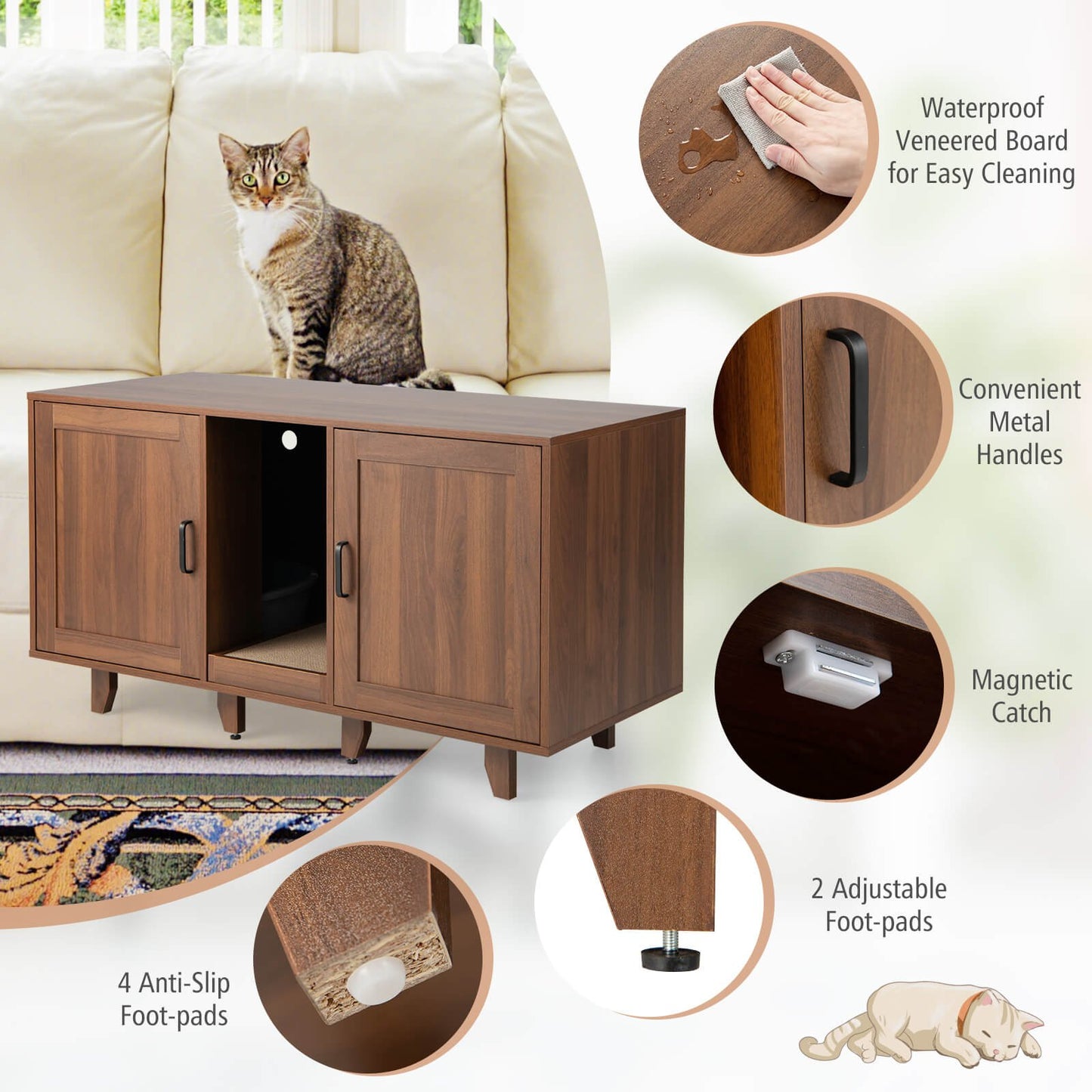 2-Door Cat Litter Box Enclosure with Winding Entry and Scratching Board, Brown