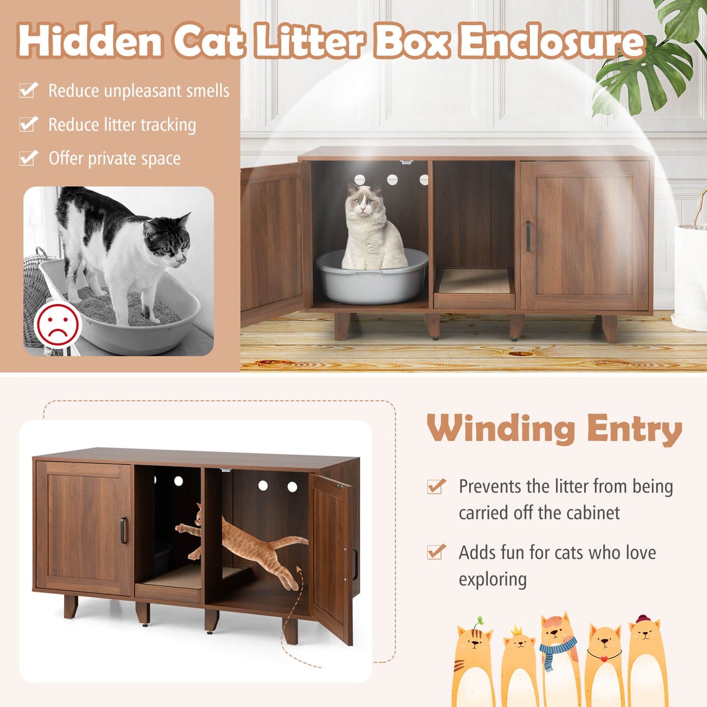 2-Door Cat Litter Box Enclosure with Winding Entry and Scratching Board, Brown