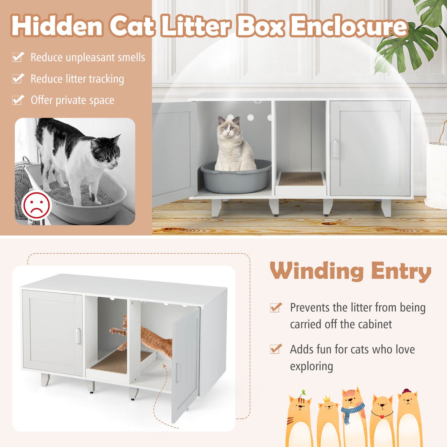 2-Door Cat Litter Box Enclosure, Winding Entry, Scratching Board, Gray Cat Houses at Gallery Canada