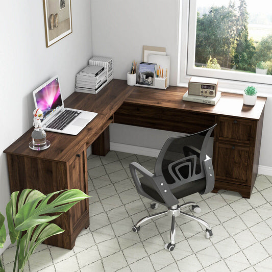 L-Shaped Office Desk with Storage Drawers and Keyboard Tray, Walnut L-Shaped Desks Walnut at Gallery Canada