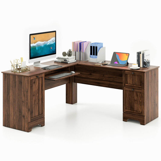 L-Shaped Office Desk with Storage Drawers and Keyboard Tray, Walnut