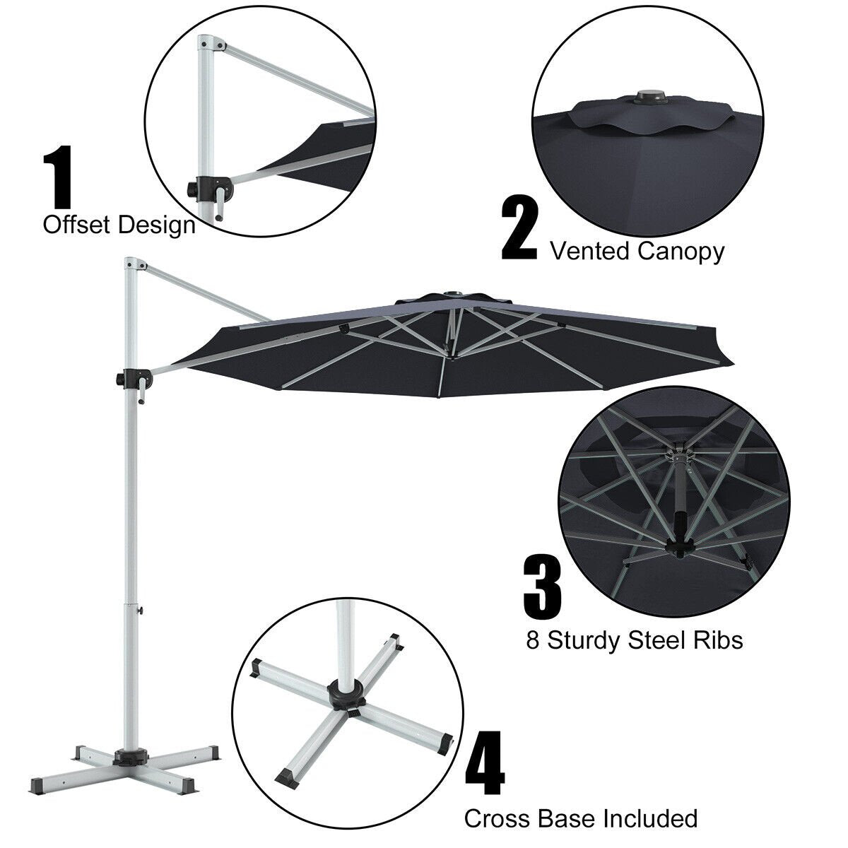 11 Feet Patio Offset Cantilever Umbrella 360° Rotation Aluminum Tilt, Gray