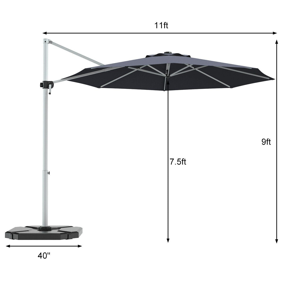 11 Feet Patio Offset Cantilever Umbrella 360° Rotation Aluminum Tilt, Gray
