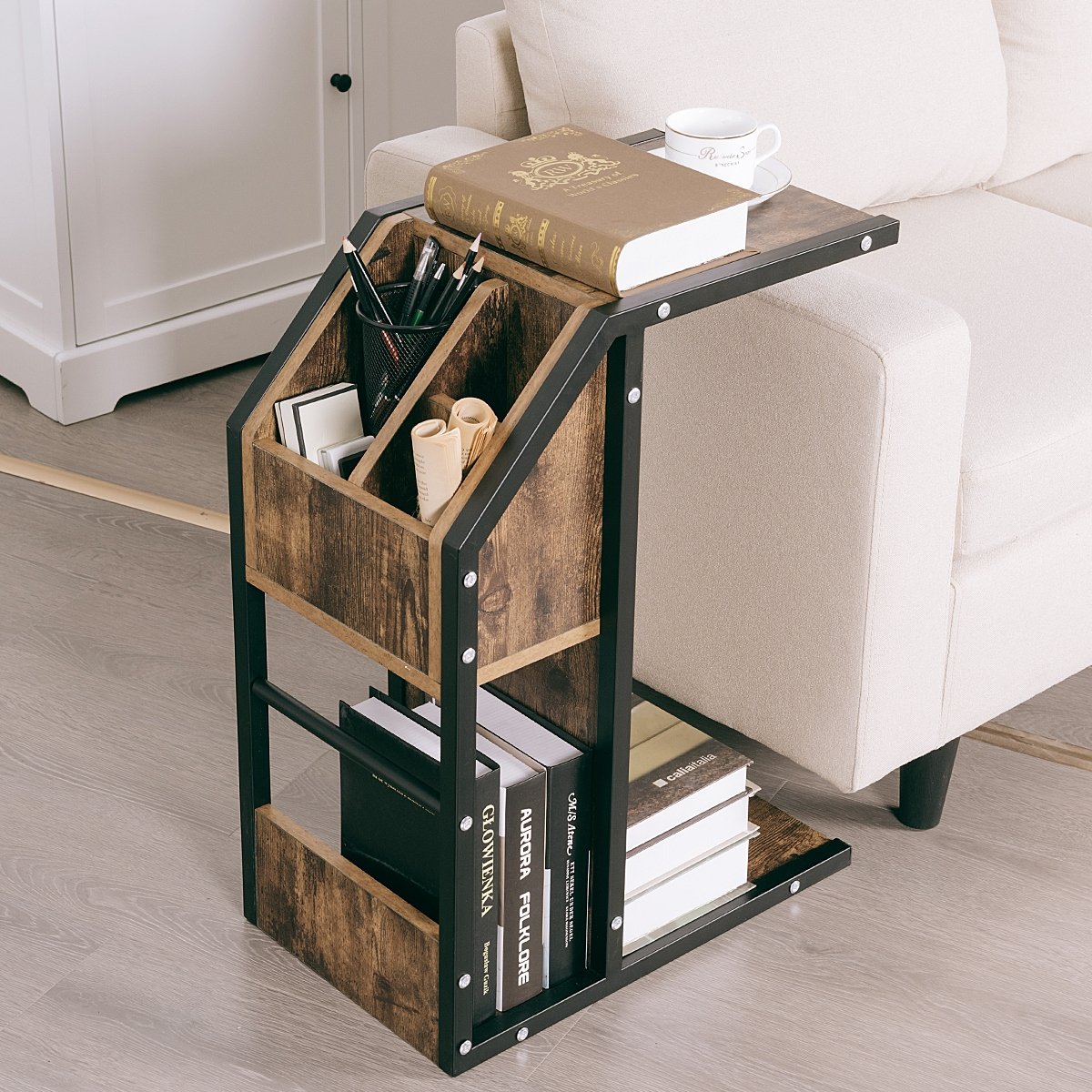 Industrial C-Shape Snack End Table with Storage Space, Rustic Brown at Gallery Canada