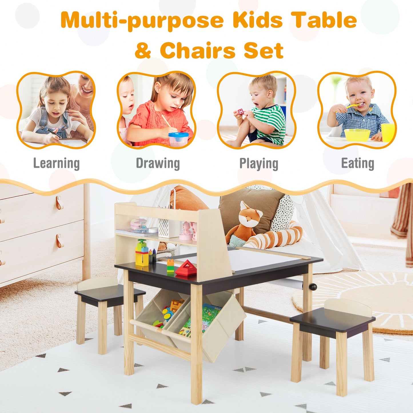 Kids Art Table and Chairs Set with Paper Roll and Storage Bins, Coffee