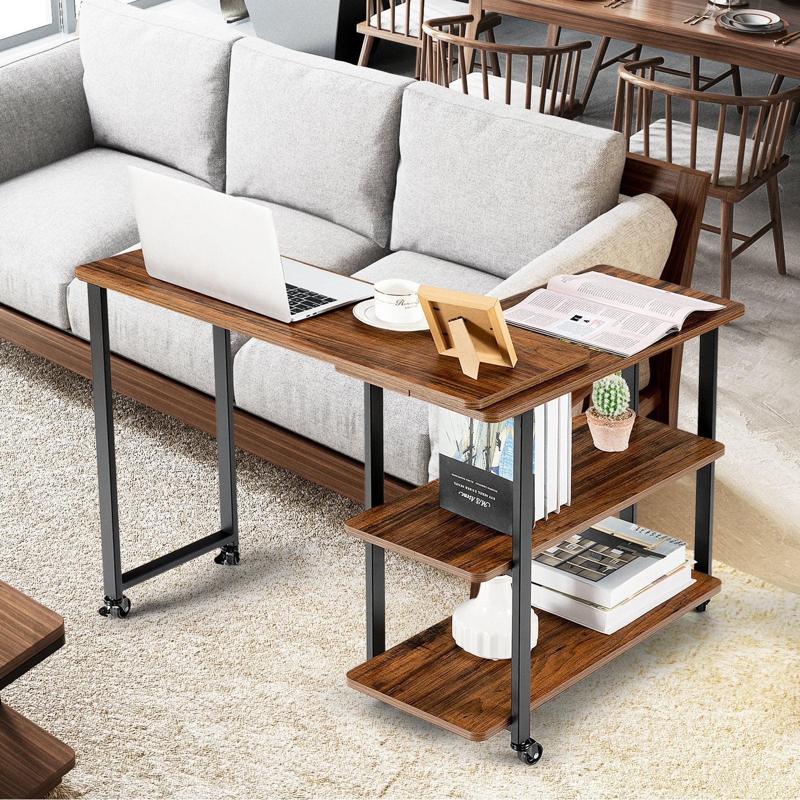 360° Rotating Sofa Side Table with Storage Shelves and Wheels, Brown at Gallery Canada
