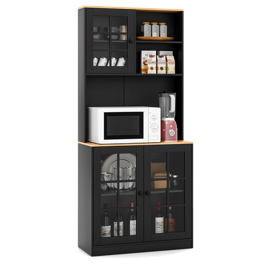 72 Inch Freestanding Pantry Cabinet with Hutch and Adjustable Shelf, Black