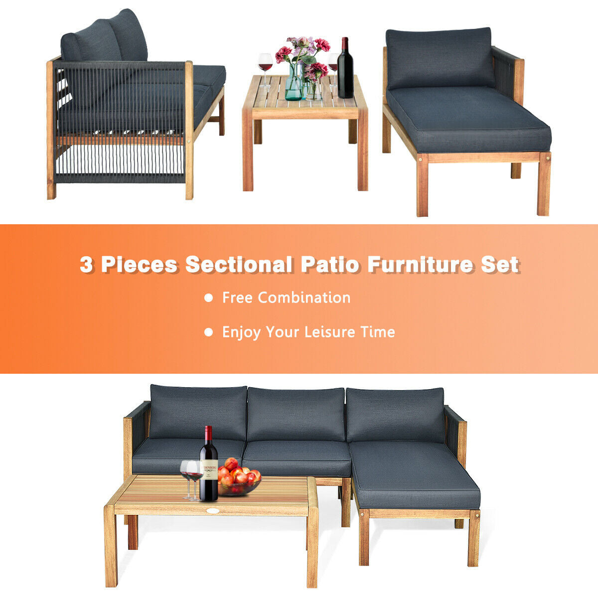 3 Piece Patio Acacia Sofa Set, Gray Outdoor Sectionals at Gallery Canada