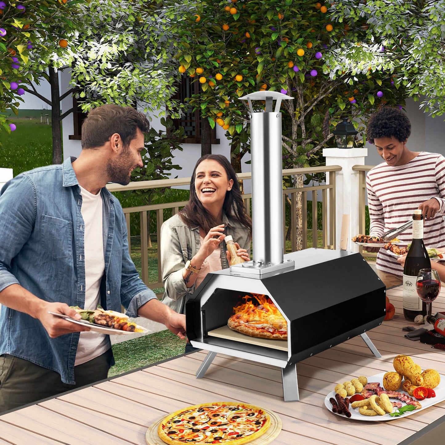 Outdoor Pizza Oven with Stone, Foldable Legs, Black