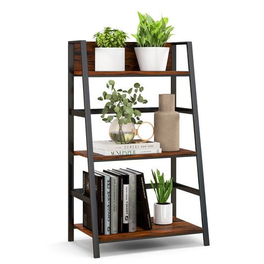 3-Tier Ladder Industrial Bookshelf with Metal Frame, Rustic Brown