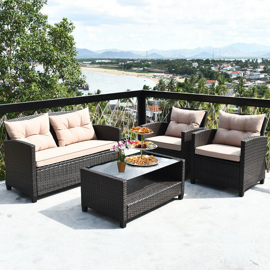 Outdoor Rattan Armrest Furniture Set, 4 Pieces, Table With Lower Shelf, Beige Patio Conversation Sets Beige at Gallery Canada