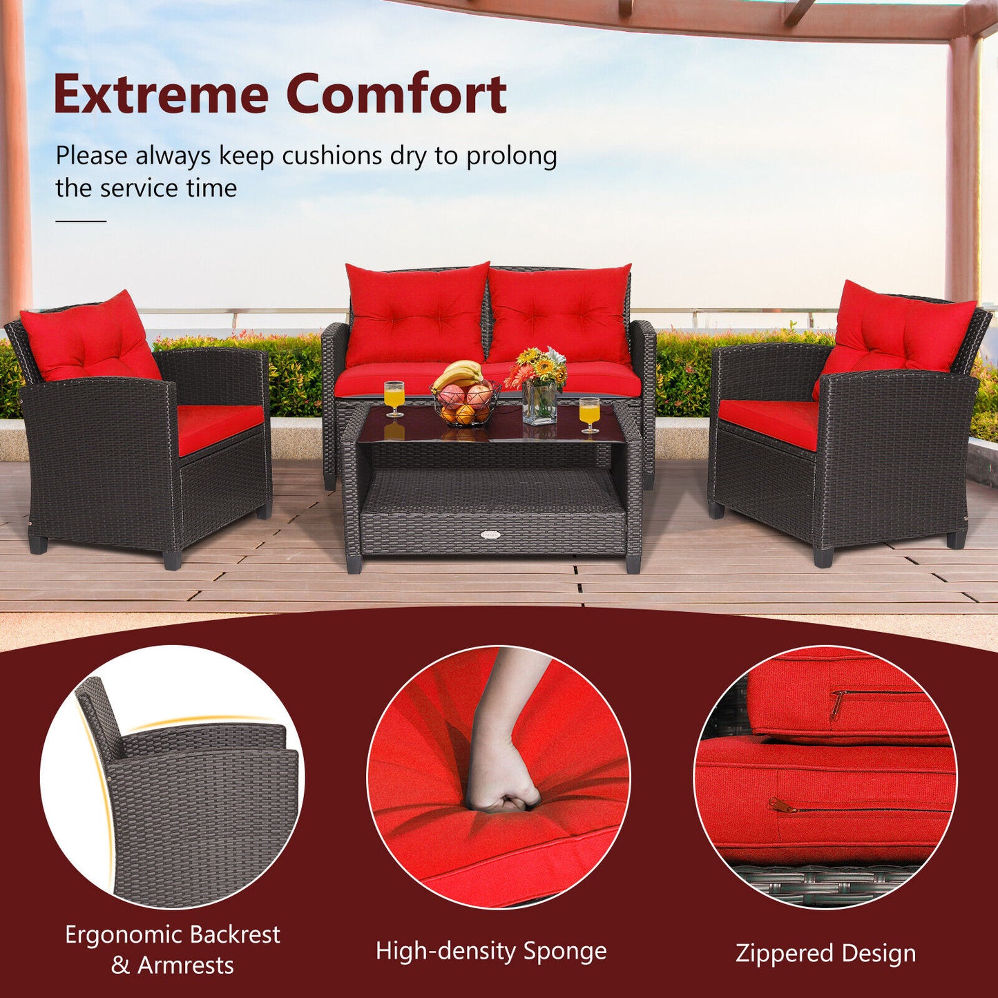Ensemble de mobilier de patio en rotin 4 pièces, table basse en verre, rouge